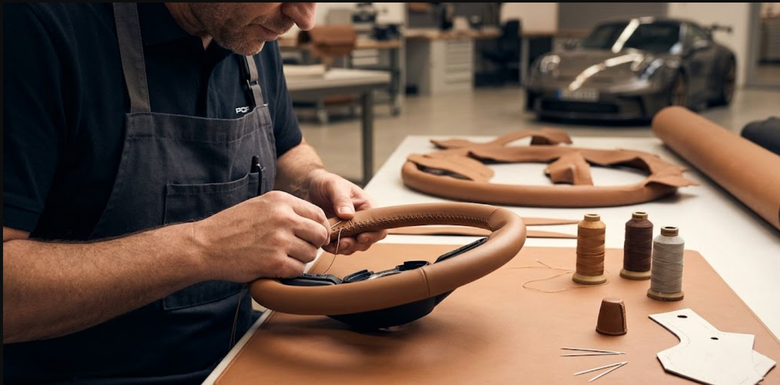 ¿Quién cose el cuero en la funda del volante de un Porsche?